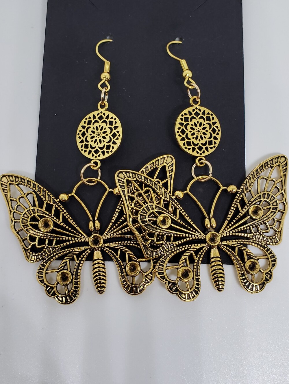 Handmade Large Metal Gold Filigree Mandala Butterfly Statement Dangle Earrings